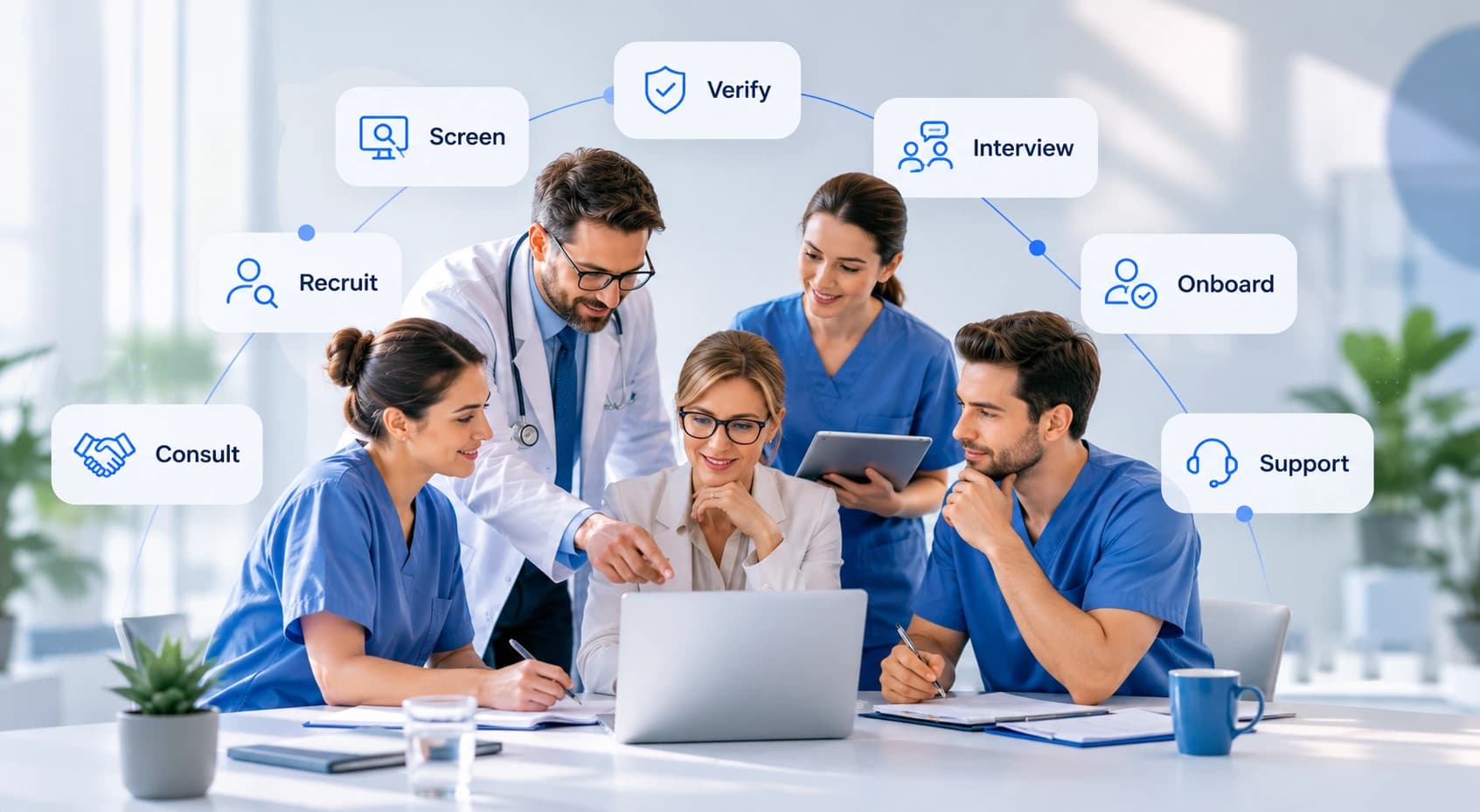Bluebix healthcare staffing team collaborating around a laptop, surrounded by icons of the staffing process: consult, recruit, screen, verify, interview, onboard, and support